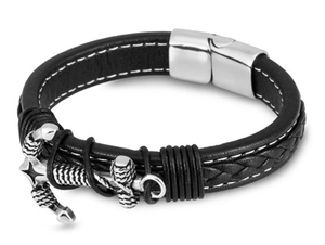 Bracelet multicouche en cuir noir pour homme avec ancre argentée et fermoir magnétique