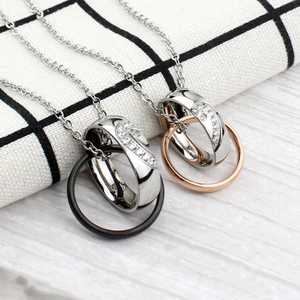 Romantic titanium steel interlocking rings couple necklace with sparkling zircon crystals