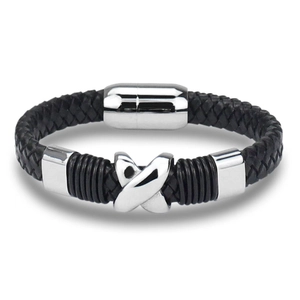 Retro Braided Leather Bracelet For Men Stainless Steel X Pattern Metal Accents Magnetic Clasp Fashion Hand Jewelry Gift