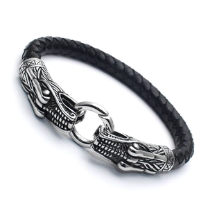 Men Viking Braided Genuine Leather Bracelet With Vintage Dragon Head Titanium Steel Clasp Punk Bangle Fashion Hand Jewelry