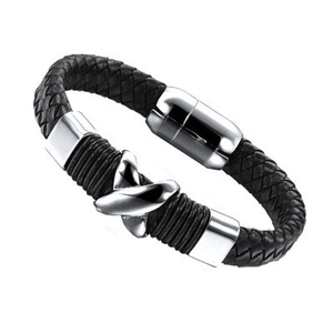 Men's vintage braided black leather bracelet with silver stainless steel X-shaped metal charm