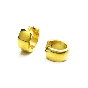 Detailed macro view of wide gold-plated stainless steel hoop earrings with mirror finish