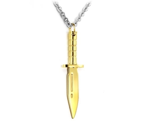 Detail of gold dagger pendant with threaded handle on silver chain necklace