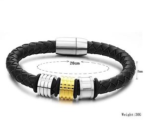 Bracelet pour homme en cuir noir tressé avec fermoir magnétique et anneaux en métal