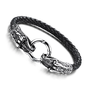 Men's black braided leather dragon bracelet with stainless steel twin dragon heads
