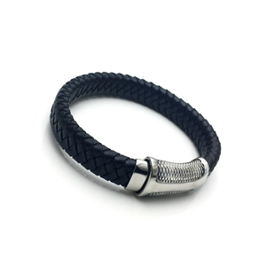 Men's braided black leather bracelet with textured silver stainless steel clasp