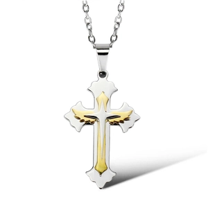 Collier Pendentif Double Croix en Acier Titane Rétro Or Argent Charme Aile Chaîne en Acier Inoxydable Bijoux Unisexe