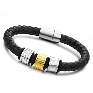 Bracelet en Cuir Tissé pour Hommes Anneaux en Acier Inoxydable Fermoir Magnétique Style Punk Bijoux de Mode Cadeau pour Hommes