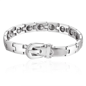 Polished silver magnetic therapy health bracelet for men with buckle clasp and mirror reflection