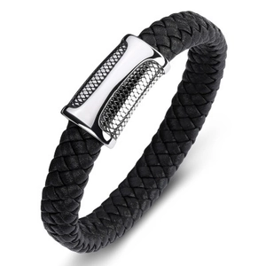 Men's black braided leather bracelet with silver titanium steel mesh textured clasp