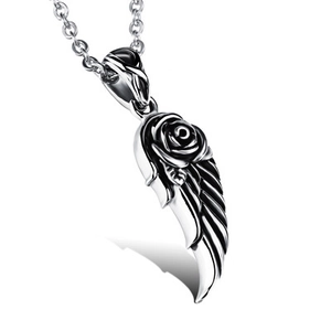 Vintage Titanium Steel Rose Flower Wing Pendant Necklace Gothic Retro Oxidized Wing Necklace Jewelry For Men Women Daily Decor