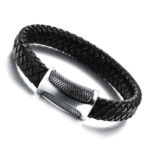 Men's black braided leather bracelet with silver magnetic stainless steel buckle