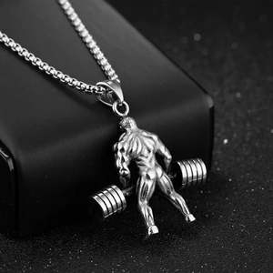 Collier fitness en acier titane avec pendentif culturiste et haltère pour homme
