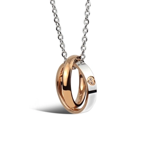 Interlocked rose gold and silver rings necklace with heart-shaped zircon inlay pendant