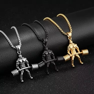 Colliers pendentifs haltérophile pour homme en acier argenté, noir et doré