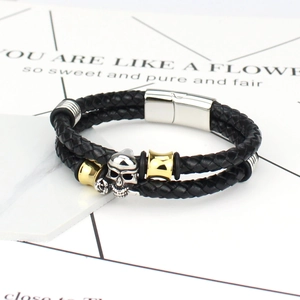 Men's punk double-layer braided black leather bracelet with silver skull charm