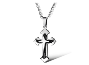 Detail of silver and black layered cross pendant necklace with a sturdy O-chain