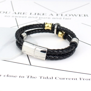 Men's double-layered braided black leather bracelet with silver magnetic metal clasp