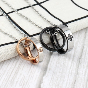 Interlocking double ring titanium steel necklaces with heart and cross charms for couples