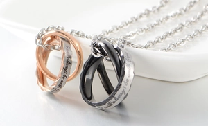 Interlocked double ring titanium steel necklace with 'I will always be with You' engraving