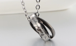 Interlocking double ring pendant necklace in titanium steel with zircon and engraving