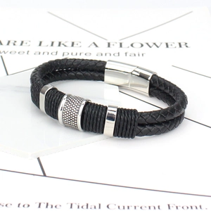 Bracelet double en cuir tressé noir pour homme avec fermoir magnétique en acier