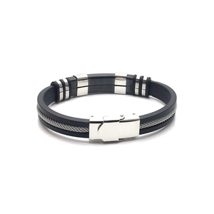 Bracciale da uomo in silicone nero e acciaio inossidabile con inserto in metallo intrecciato
