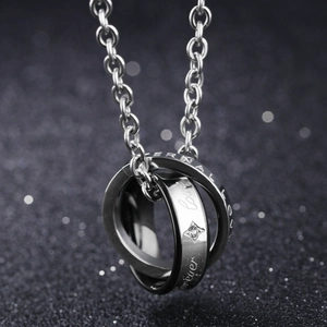 Polished titanium steel interlocking double ring necklace for couples with Eternal Love engraving