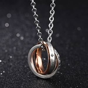 Polished interlocking triple ring necklace in titanium steel with Forever Love engraving