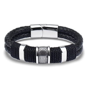 Bracelet en Cuir Tressé Double Couche pour Hommes Avec Fermoir Magnétique en Acier Inoxydable Bijoux de Mode Punk