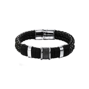Bracelet tressé noir pour homme avec fermoir magnétique et anneaux en métal argenté