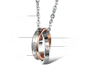 Detail of interlocking titanium steel circles with Forever Love engraving and zircon