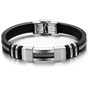 Bracciale da uomo in acciaio al titanio e silicone nero con fibbia in acciaio inossidabile