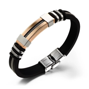 Bracciale da uomo in silicone nero con piastre in acciaio inossidabile oro rosa e catena