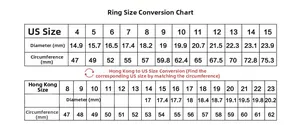 Standard ring size chart for men showing US and Hong Kong measurements in millimeters