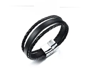 Close-up of black multi-layer braided leather bracelet with silver magnetic steel clasp