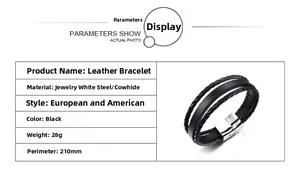 Detailed view of black triple-layer woven leather bracelet with silver magnetic steel clasp