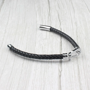 Bracelet tressé en cuir noir fait main avec fermoir en métal argenté pour hommes et femmes