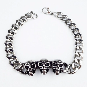 Bracelet Crâne Punk en Acier Inoxydable Homme Femme Gothique Triple Crâne Maillon Gourmette Bracelet Rock Biker Bijoux