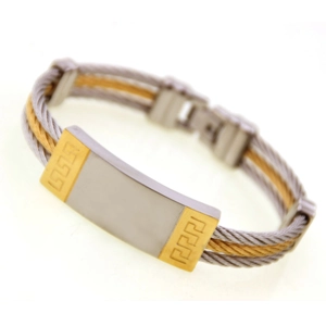 Detailed close-up of men's steel cable bracelet featuring gold Greek meander patterns