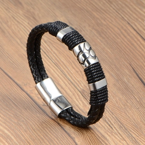 Double-layer braided black leather bracelet for men with silver engraved magnetic clasp