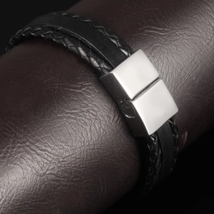 Multi-layer men's black leather bracelet with woven rope and silver magnetic clasp