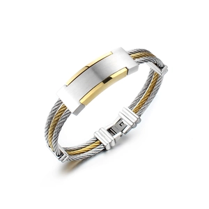 Detail view of two-tone braided steel wire bracelet with gold-plated metal plate clasp