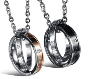 Polished interlocking rings couple necklace with rhinestones and love engravings