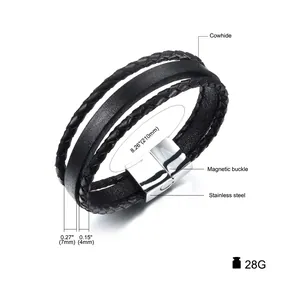 Triple-layer black braided leather bracelet for men with magnetic stainless steel clasp