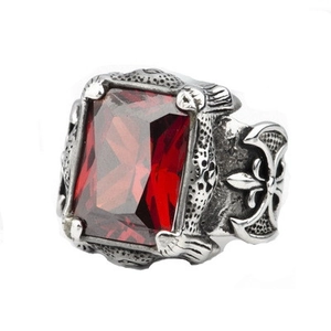 Vintage gothic men's stainless steel ring featuring a square red ruby gemstone