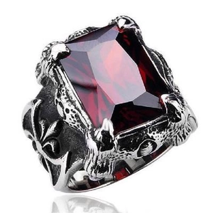 Vintage Titanium Steel Red Rhinestone Ring For Men Gothic Punk Distressed Cross Carved Men's Band Ring Hip Hop Jewelry