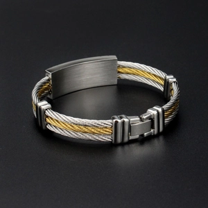 Three-row cable men's bracelet in gold and silver steel with custom engraving plate