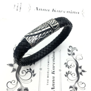 Vintage Black Braided Leather Bracelet For Men Retro Silver Alloy Feather Clasp Punk Wrap Bangle Fashion Male Jewelry Gift