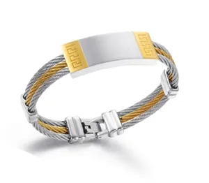 Men's Titanium Steel Braided Cable Bracelet Gold Silver Two Tone Greek Key Meander Pattern Punk Fashion Bangle Jewelry